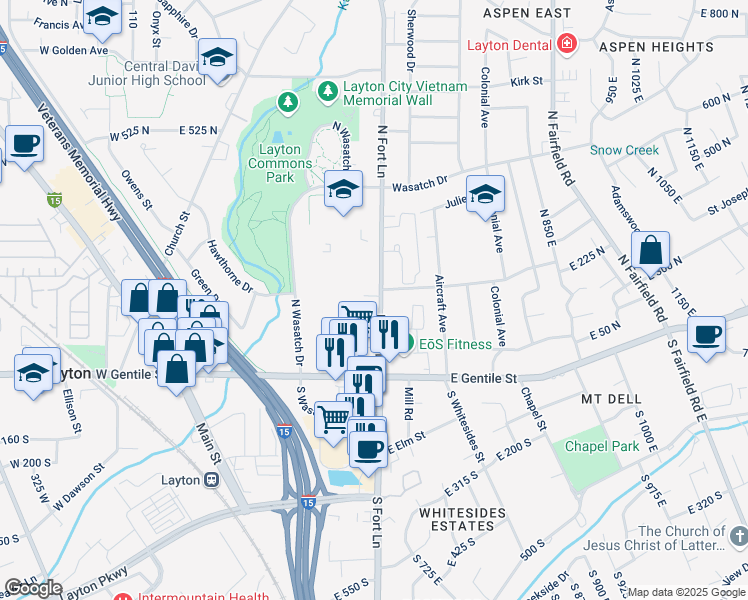 map of restaurants, bars, coffee shops, grocery stores, and more near 155 North Fort Lane in Layton