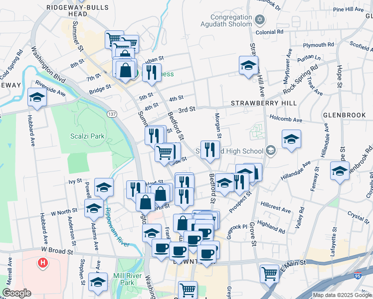 map of restaurants, bars, coffee shops, grocery stores, and more near 15 1st Street in Stamford