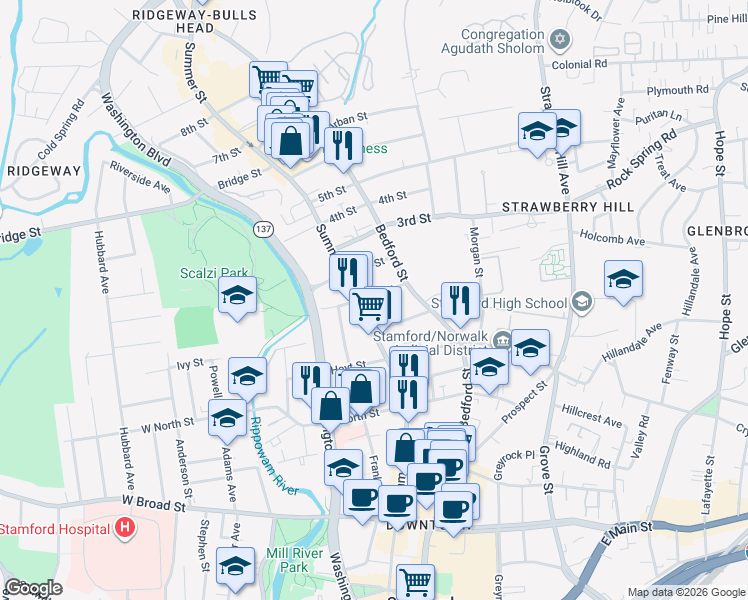 map of restaurants, bars, coffee shops, grocery stores, and more near 127 1st Street in Stamford