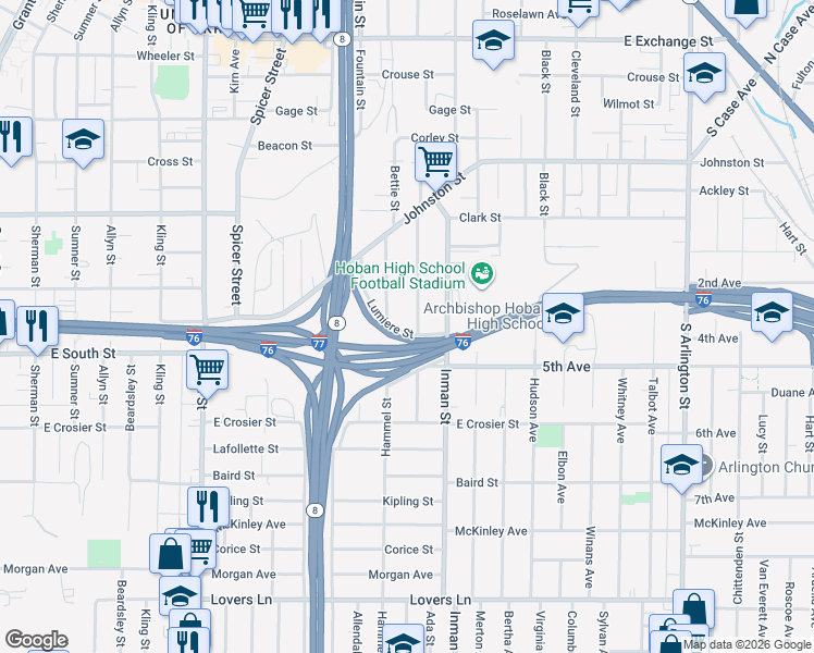 map of restaurants, bars, coffee shops, grocery stores, and more near 549 Hammel Street in Akron