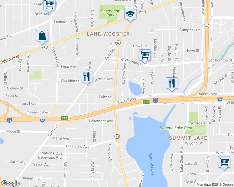 map of restaurants, bars, coffee shops, grocery stores, and more near 1343 Manchester Road in Akron