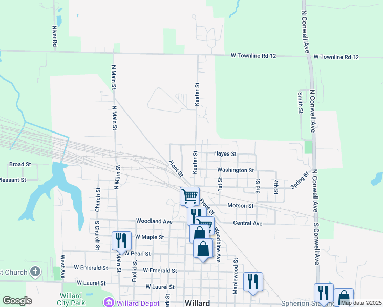 map of restaurants, bars, coffee shops, grocery stores, and more near 323 Keefer Street in Willard