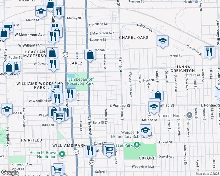 map of restaurants, bars, coffee shops, grocery stores, and more near 525 East Suttenfield Street in Fort Wayne