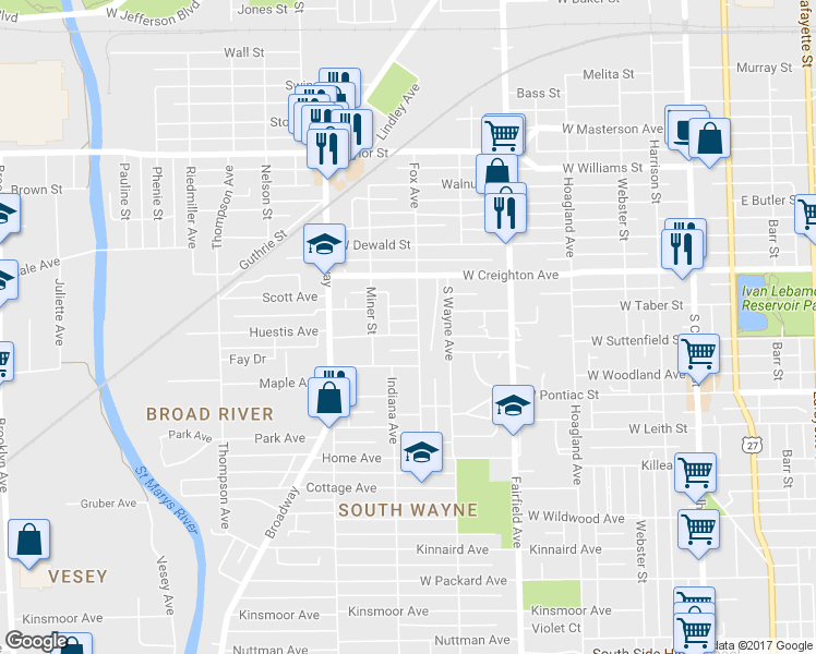map of restaurants, bars, coffee shops, grocery stores, and more near in Fort Wayne