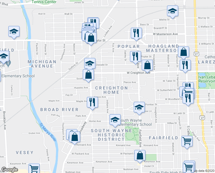 map of restaurants, bars, coffee shops, grocery stores, and more near 2429 Miner Street in Fort Wayne