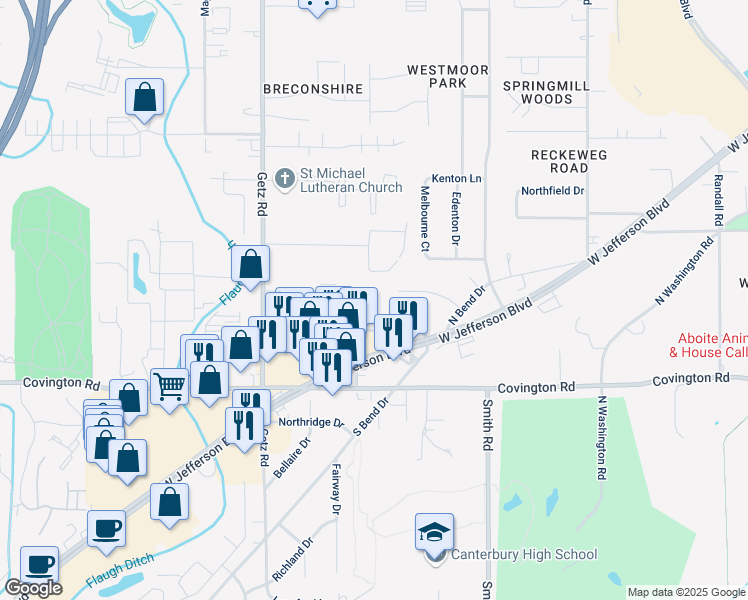 map of restaurants, bars, coffee shops, grocery stores, and more near 5700 Wilkie Drive in Fort Wayne