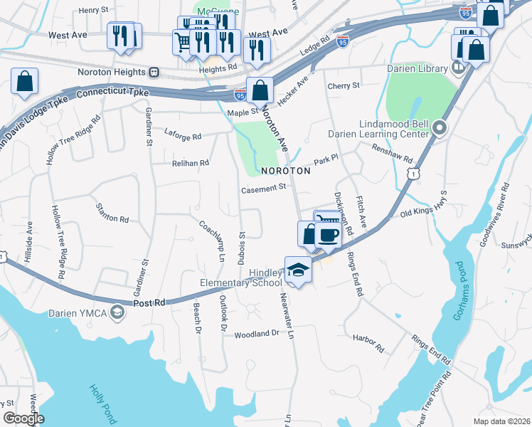 map of restaurants, bars, coffee shops, grocery stores, and more near 11 Patricia Lane in Darien