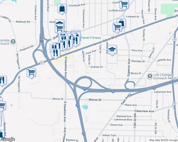 map of restaurants, bars, coffee shops, grocery stores, and more near 1039 Biruta Street in Akron