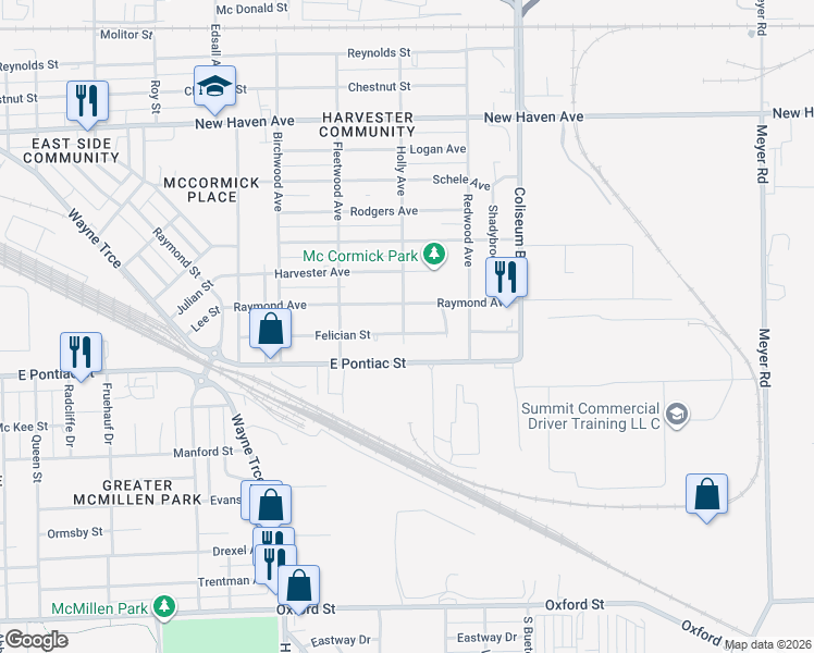 map of restaurants, bars, coffee shops, grocery stores, and more near 3601 Felician Street in Fort Wayne