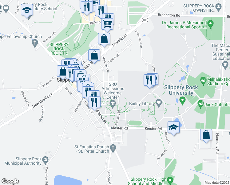 map of restaurants, bars, coffee shops, grocery stores, and more near 339 Library Drive in Slippery Rock