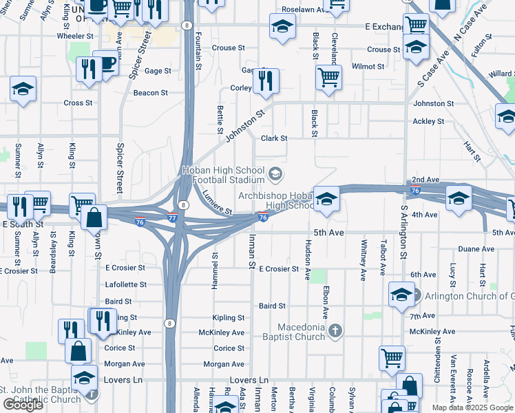 map of restaurants, bars, coffee shops, grocery stores, and more near 581 Inman Street in Akron