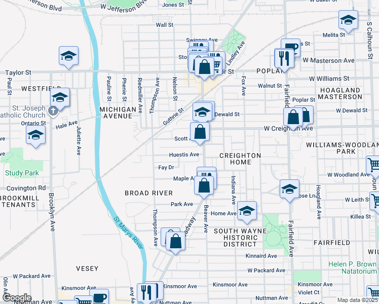 map of restaurants, bars, coffee shops, grocery stores, and more near 1220 Huestis Avenue in Fort Wayne