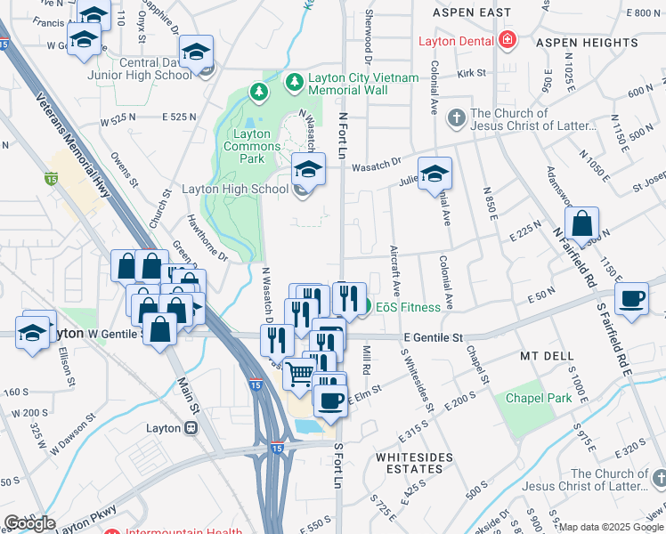 map of restaurants, bars, coffee shops, grocery stores, and more near 157 North Fort Lane in Layton