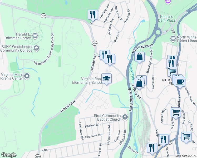 map of restaurants, bars, coffee shops, grocery stores, and more near 54 Lawrence Drive in White Plains