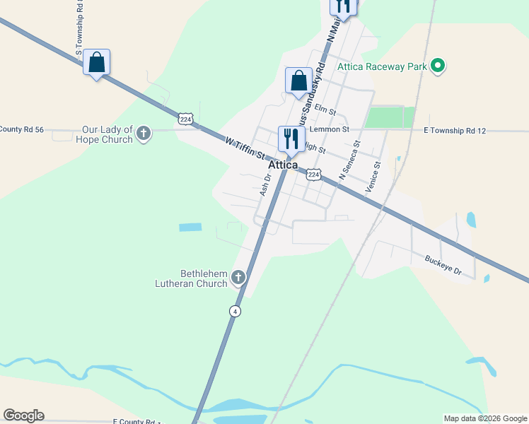 map of restaurants, bars, coffee shops, grocery stores, and more near 101-199 Columbus-Sandusky Rd in Attica