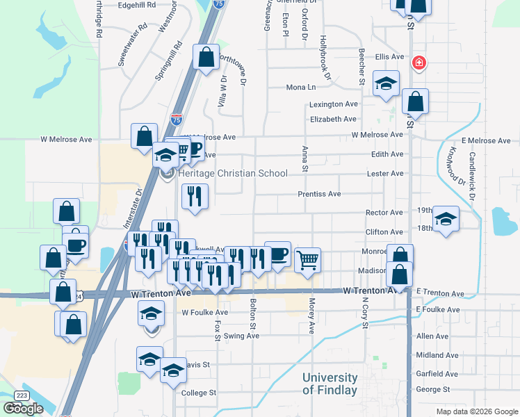 map of restaurants, bars, coffee shops, grocery stores, and more near 532 Rector Avenue in Findlay