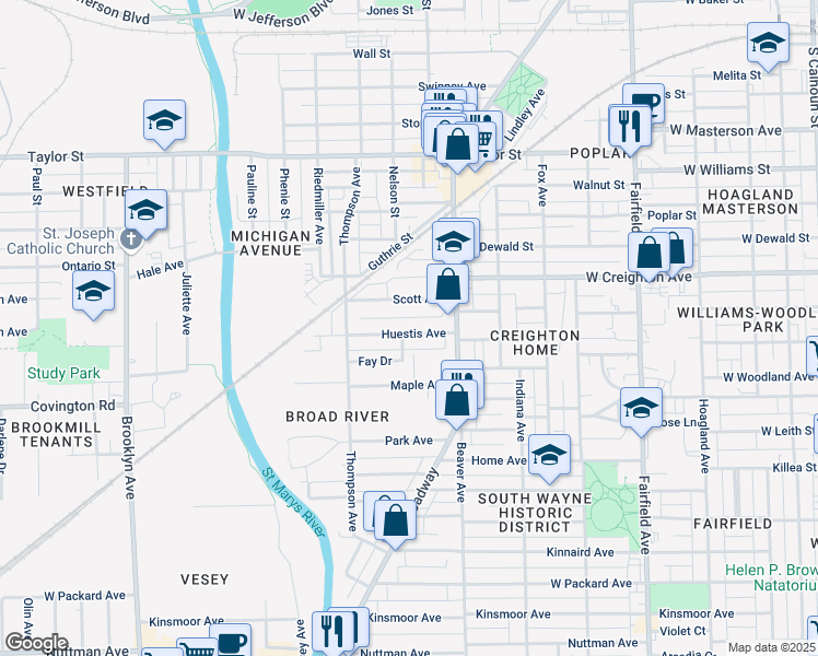 map of restaurants, bars, coffee shops, grocery stores, and more near 1240 Huestis Avenue in Fort Wayne