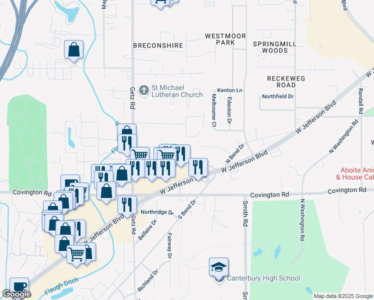 map of restaurants, bars, coffee shops, grocery stores, and more near 5700 Wilkie Drive in Fort Wayne