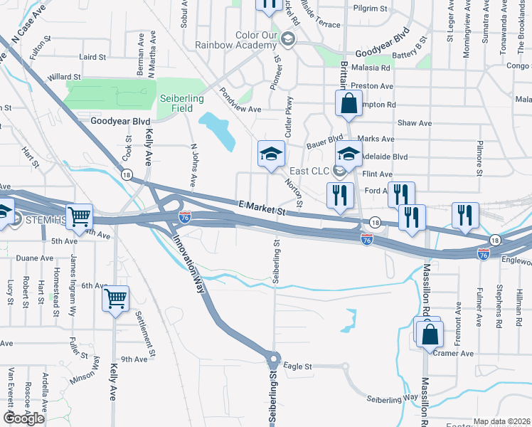 map of restaurants, bars, coffee shops, grocery stores, and more near 1554 East Market Street in Akron
