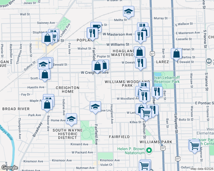map of restaurants, bars, coffee shops, grocery stores, and more near 2430 Hoagland Avenue in Fort Wayne