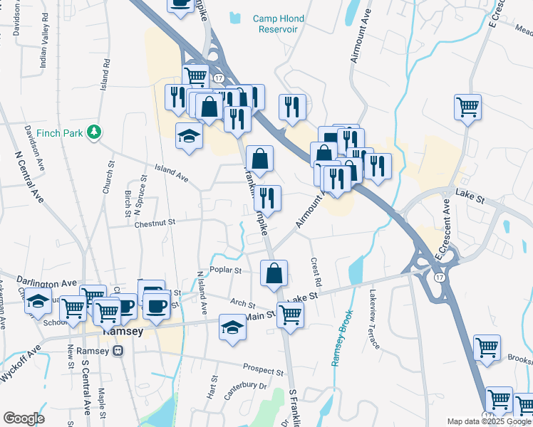 map of restaurants, bars, coffee shops, grocery stores, and more near 33 Chelsea Court in Ramsey