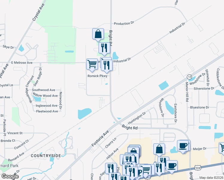 map of restaurants, bars, coffee shops, grocery stores, and more near 1811 Bright Road in Findlay
