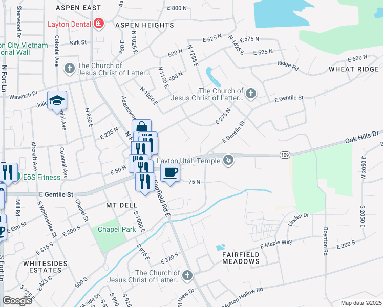map of restaurants, bars, coffee shops, grocery stores, and more near 1323 East Gentile Street in Layton
