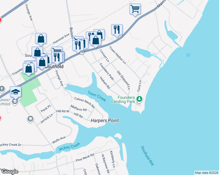 map of restaurants, bars, coffee shops, grocery stores, and more near 2000 Hobart Road in Southold