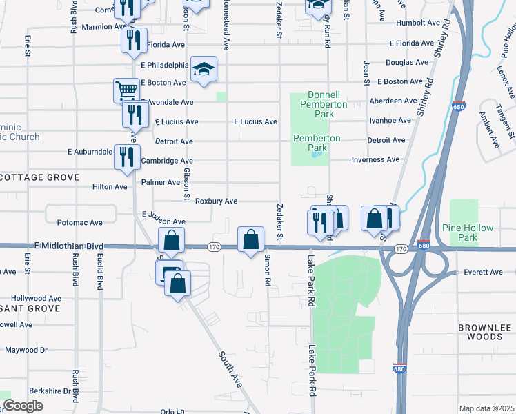 map of restaurants, bars, coffee shops, grocery stores, and more near 849 Roxbury Ave in Youngstown