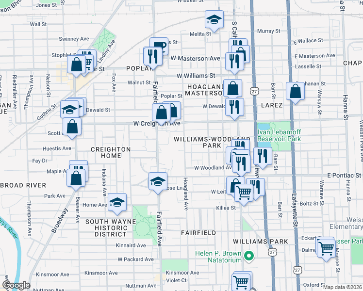 map of restaurants, bars, coffee shops, grocery stores, and more near 2426 Hoagland Avenue in Fort Wayne