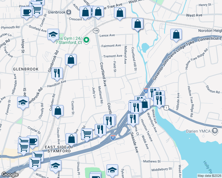 map of restaurants, bars, coffee shops, grocery stores, and more near 131 Courtland Avenue in Stamford