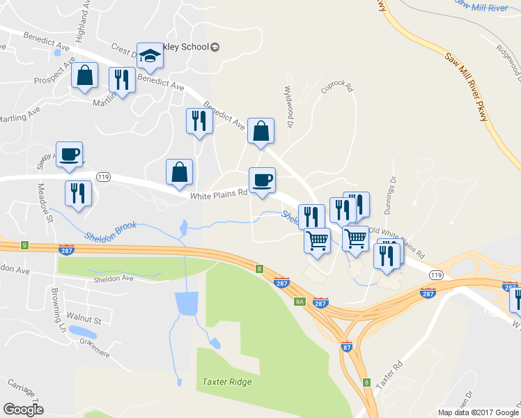 map of restaurants, bars, coffee shops, grocery stores, and more near 520 White Plains Road in Tarrytown