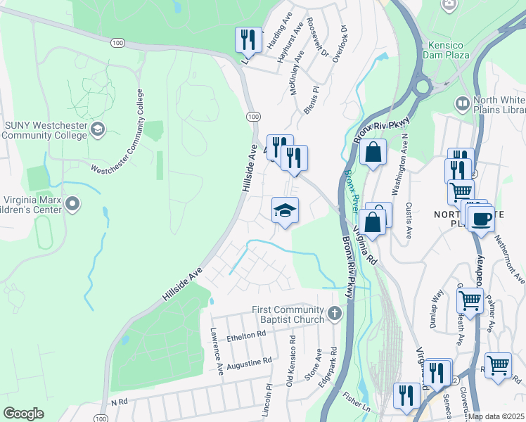 map of restaurants, bars, coffee shops, grocery stores, and more near 54 Lawrence Drive in White Plains