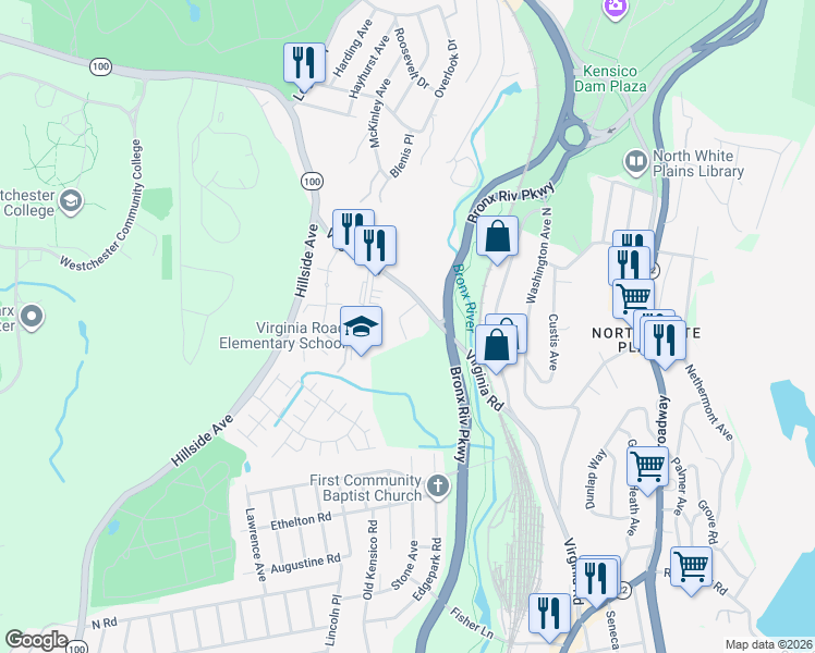 map of restaurants, bars, coffee shops, grocery stores, and more near 70 Virginia Road in White Plains