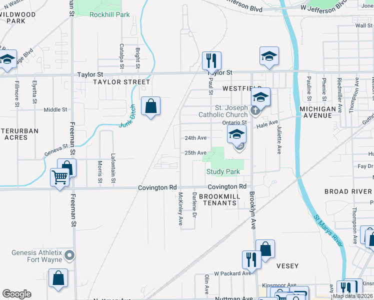 map of restaurants, bars, coffee shops, grocery stores, and more near 2334 25th Avenue in Fort Wayne