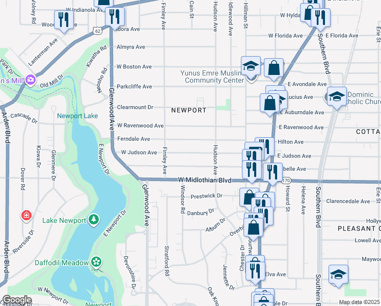 map of restaurants, bars, coffee shops, grocery stores, and more near 447 West Judson Avenue in Youngstown