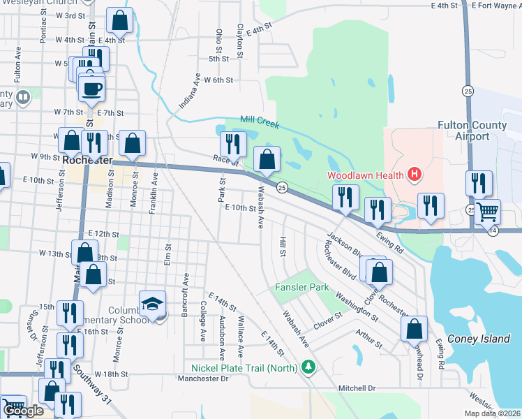 map of restaurants, bars, coffee shops, grocery stores, and more near 1001 Wabash Avenue in Rochester
