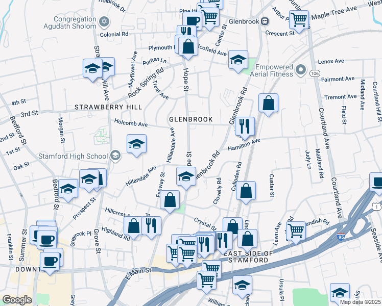 map of restaurants, bars, coffee shops, grocery stores, and more near 17 Hope Street in Stamford