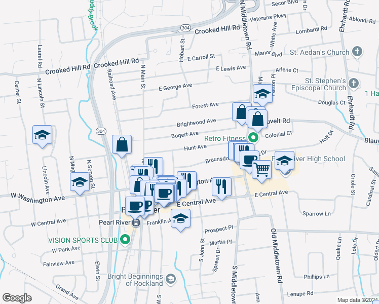 map of restaurants, bars, coffee shops, grocery stores, and more near 76 Hunt Avenue in Pearl River