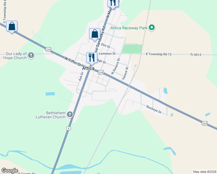 map of restaurants, bars, coffee shops, grocery stores, and more near 201-7 North Woodwind Drive in Attica
