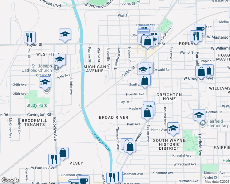 map of restaurants, bars, coffee shops, grocery stores, and more near 1360 Huestis Avenue in Fort Wayne