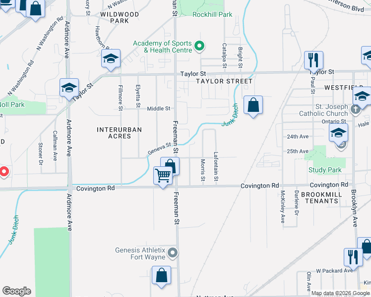 map of restaurants, bars, coffee shops, grocery stores, and more near 2411 Freeman Street in Fort Wayne