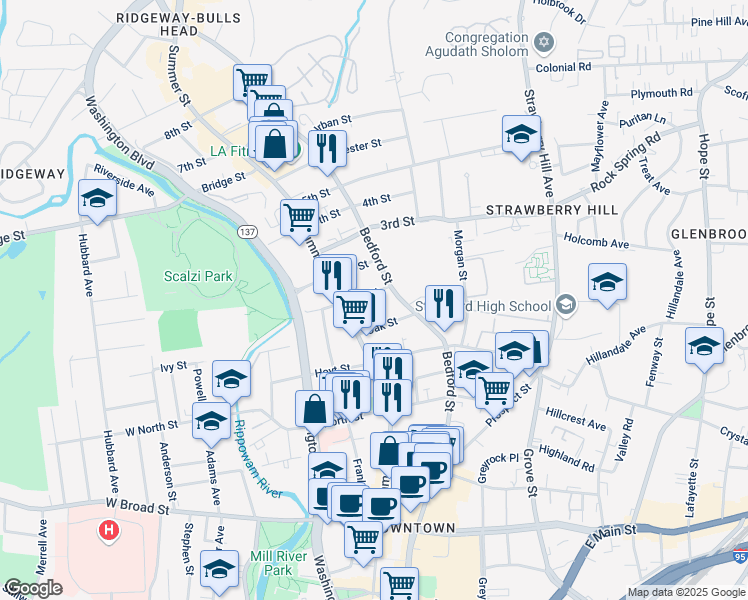 map of restaurants, bars, coffee shops, grocery stores, and more near 15 1st Street in Stamford