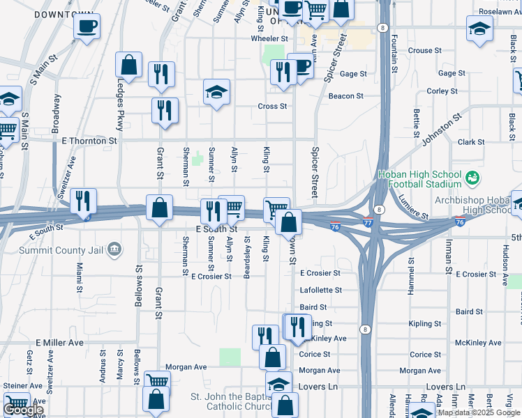 map of restaurants, bars, coffee shops, grocery stores, and more near 718 Kling Street in Akron