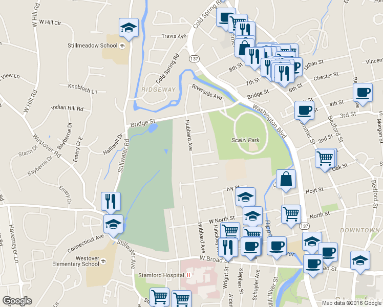 map of restaurants, bars, coffee shops, grocery stores, and more near 191 Hubbard Avenue in Stamford