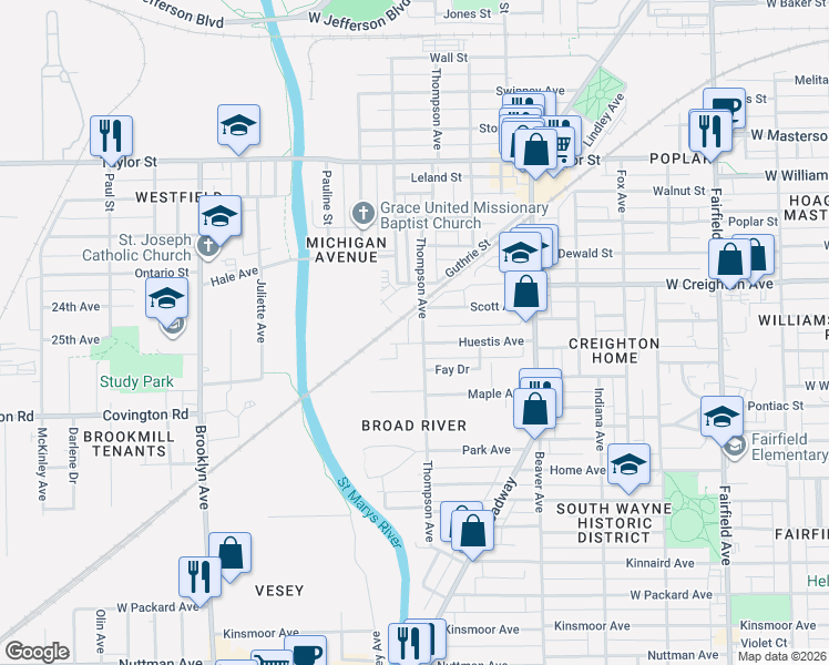 map of restaurants, bars, coffee shops, grocery stores, and more near 1360 Huestis Avenue in Fort Wayne