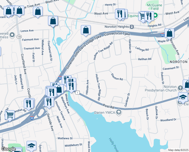 map of restaurants, bars, coffee shops, grocery stores, and more near 47 Hollow Tree Ridge Road in Darien