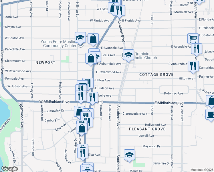 map of restaurants, bars, coffee shops, grocery stores, and more near 46 East Judson Avenue in Youngstown