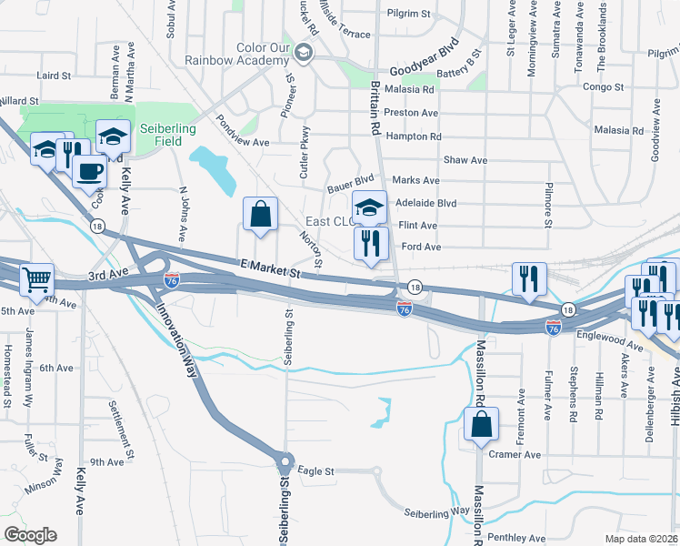 map of restaurants, bars, coffee shops, grocery stores, and more near 1621 East Market Street in Akron