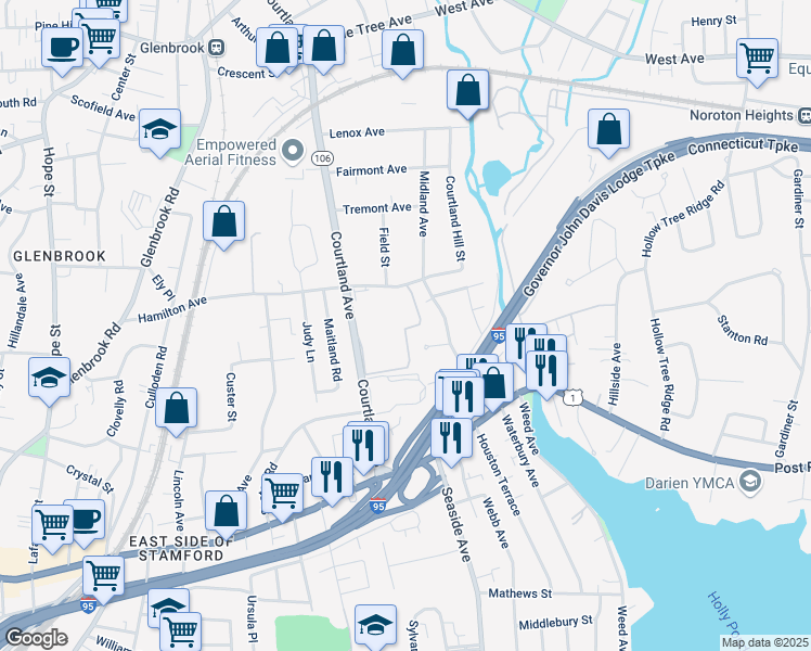 map of restaurants, bars, coffee shops, grocery stores, and more near 29 Hamilton Court in Stamford